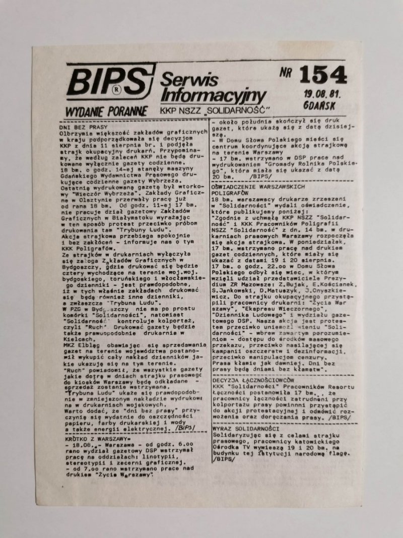 BIPS SERWIS INFORMACYJNY NR 154 19.08.81 GDAŃSK 