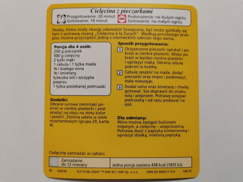 KARTA KULINARNA NR. 58 CIELĘCINA Z PIECZARKAMI