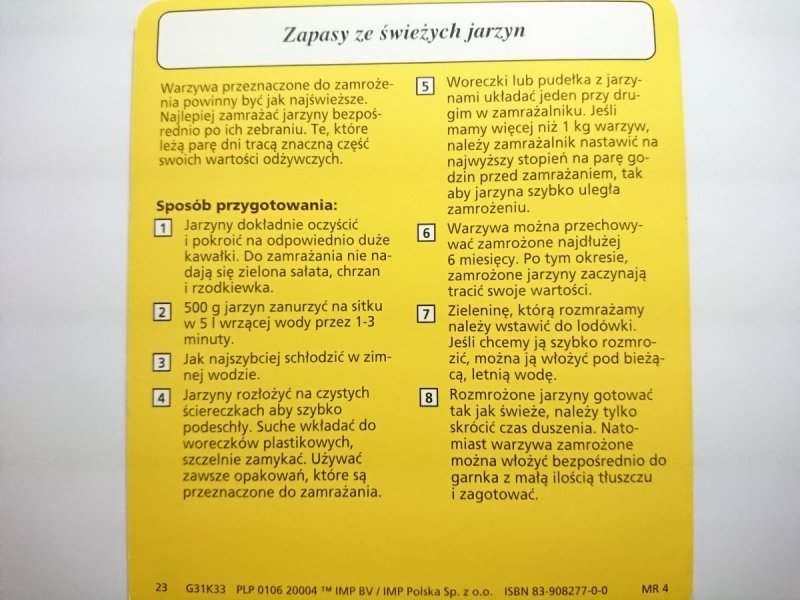 KARTA KULINARNA NR 33 ZAPASY ZE ŚWIEŻYCH JARZYN