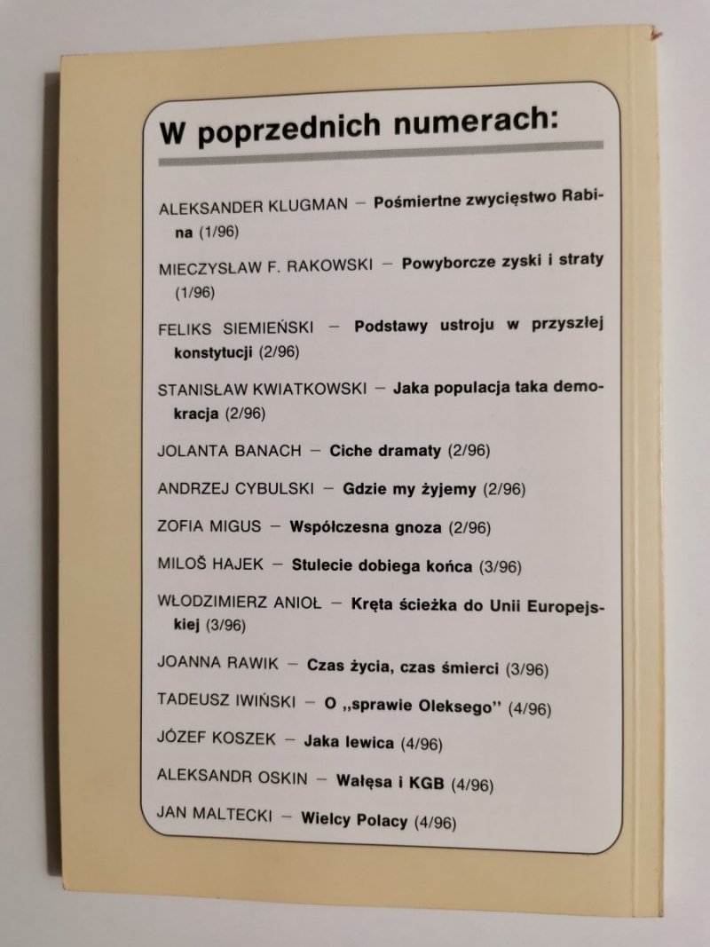 DZIŚ. PRZEGLĄD SPOŁECZNY. WARSZAWA ROK VII MAJ '96 NR 5 (68)