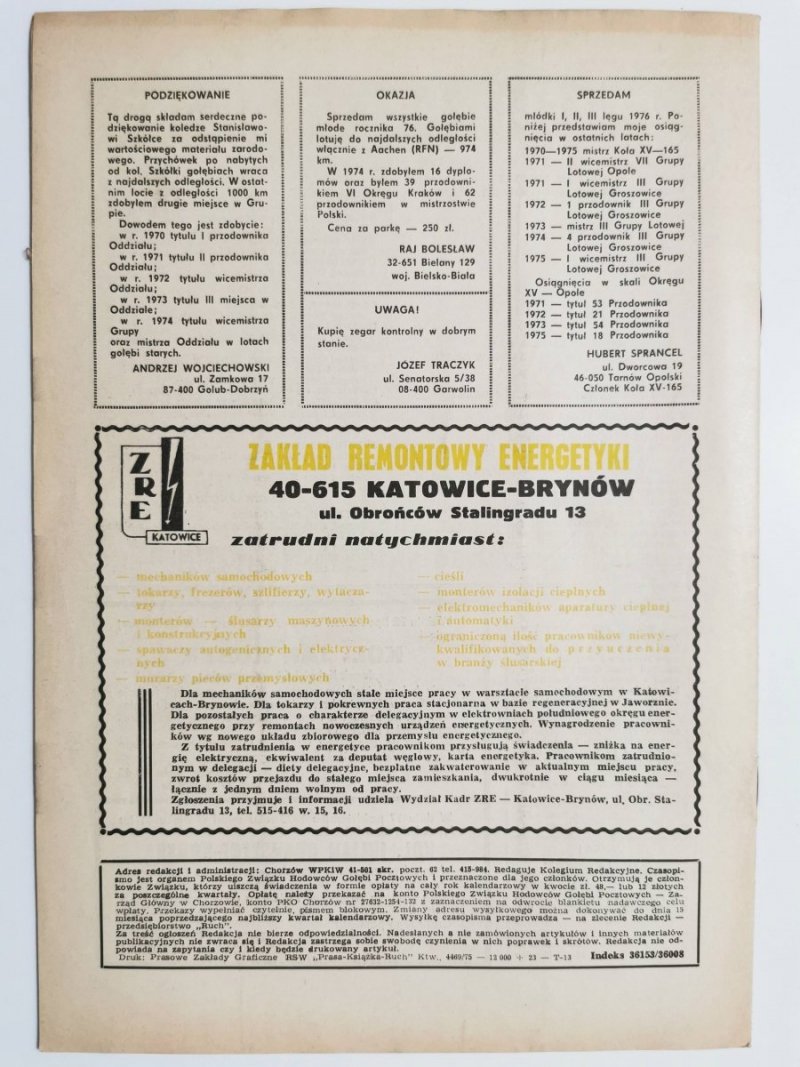 HODOWCA GOŁĘBI POCZTOWYCH NR 1 1976