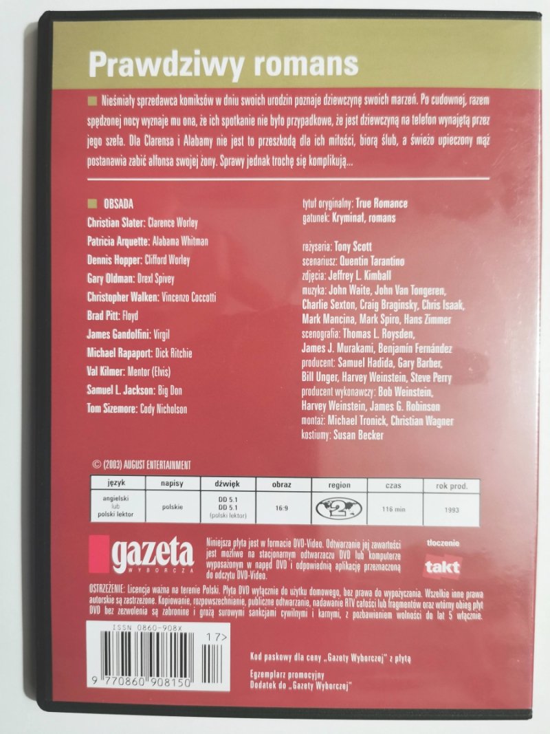 DVD. PRAWDZIWY ROMANS. QUENTIN TARANTINO