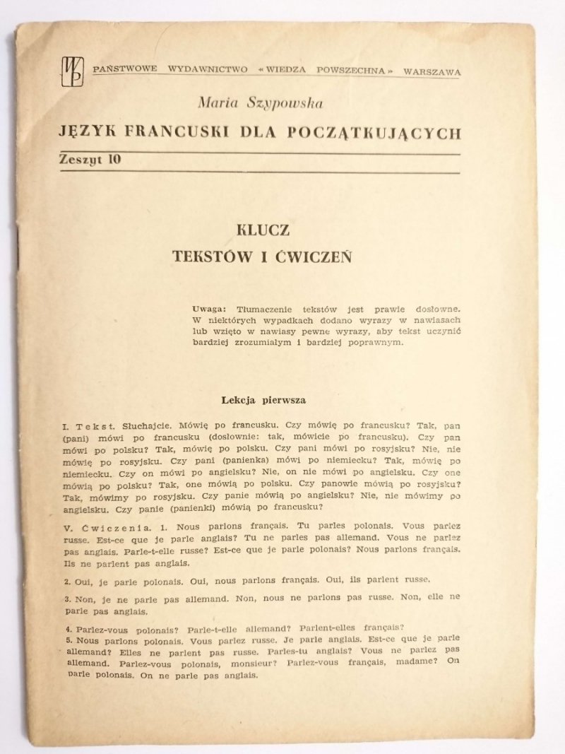 JĘZYK FRANCUSKI DLA POCZĄTKUJĄCYCH ZESZYT 10 