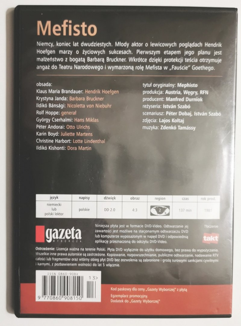 DVD. MEFISTO. REŻ. ISTVAN SZABO