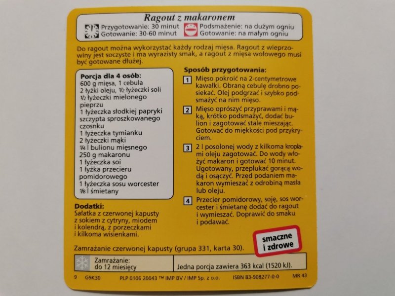 KARTA KULINARNA NR. 30 RAGOUT Z MAKARONEM