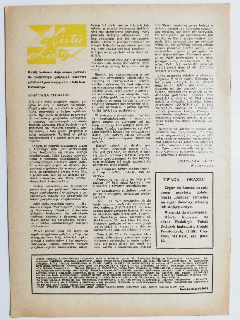 HODOWCA GOŁĘBI POCZTOWYCH NR 9  1976