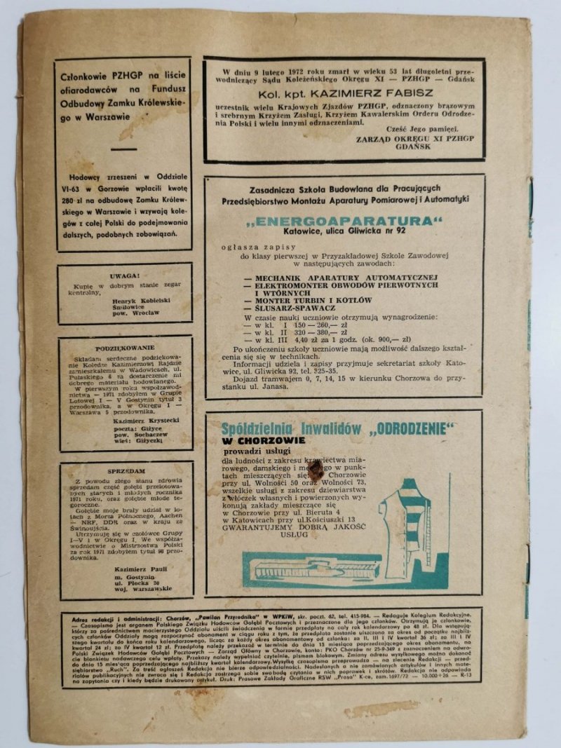 HODOWCA GOŁĘBI POCZTOWYCH NR 6 1972