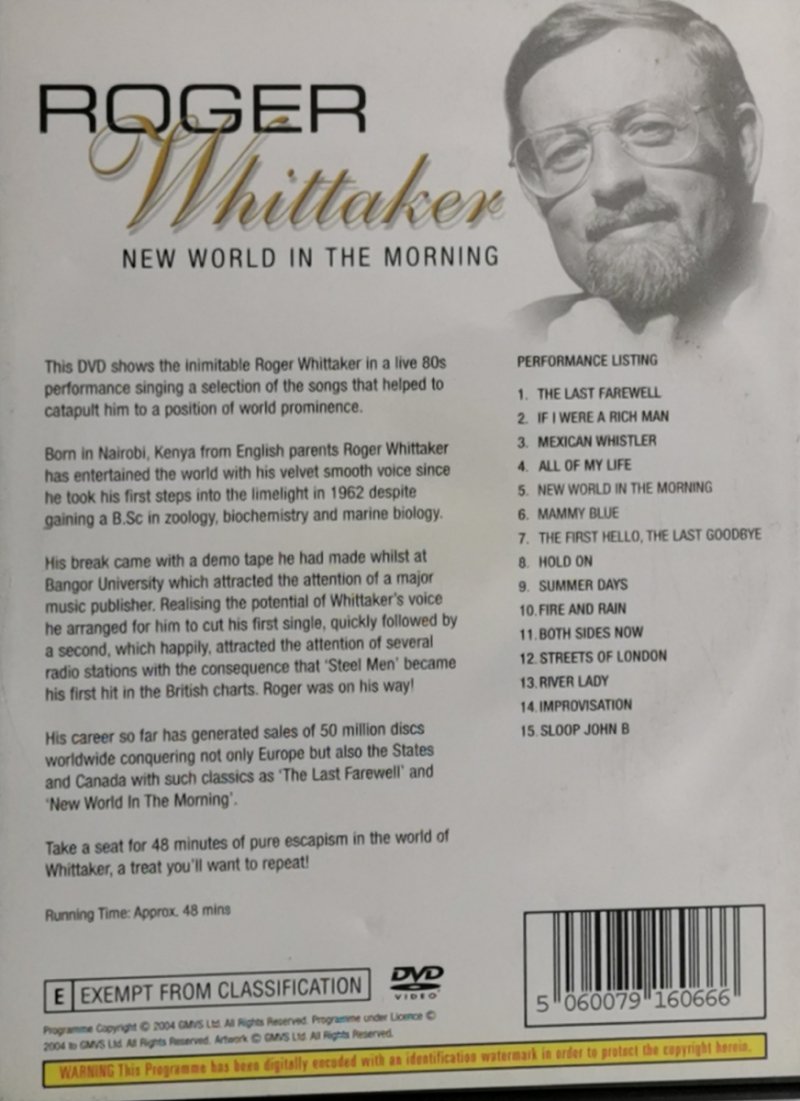DVD. Roger Whittaker. NEW WORLD IN THE MORNING