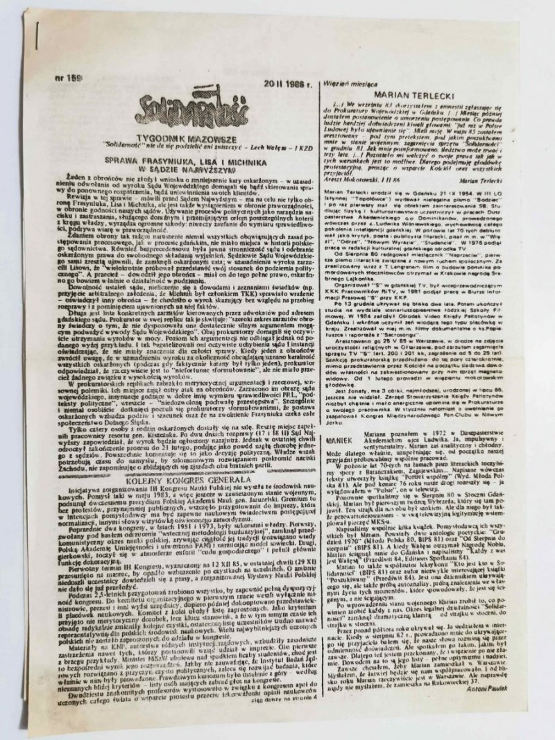 SOLIDARNOŚĆ NR 159 20 II 1986