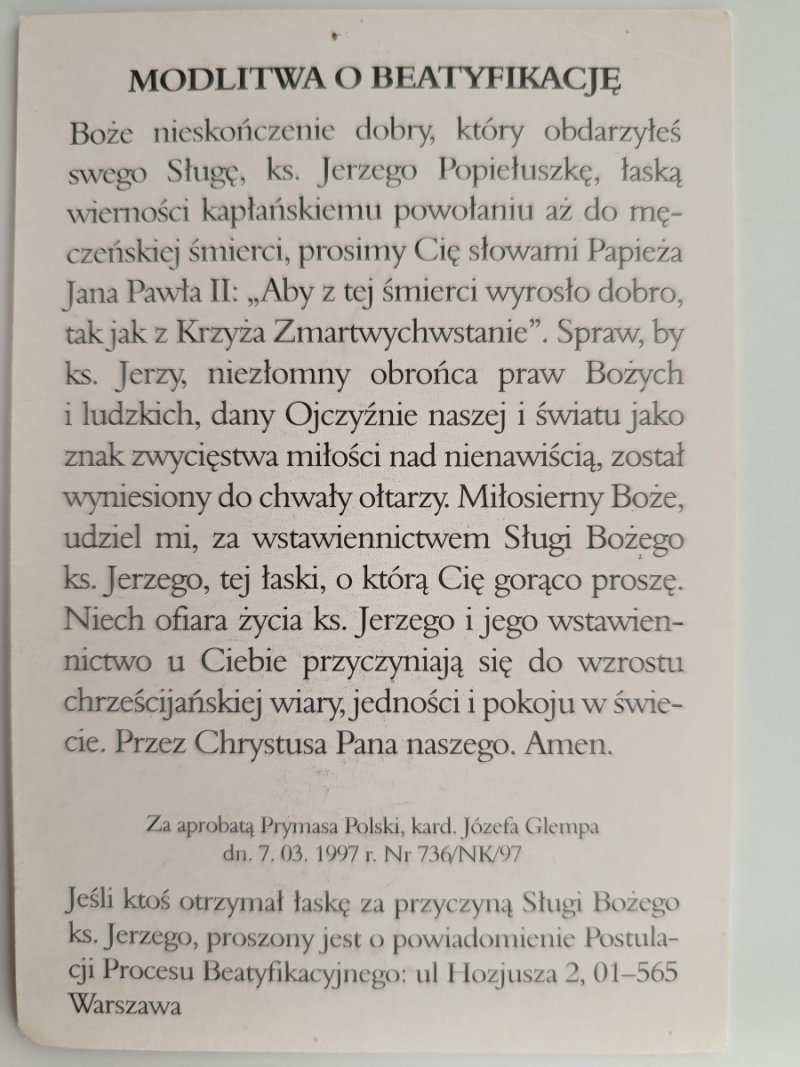 MODLITWA O BEATYFIKACJĘ KS. JERZY POPIEŁUSZKO