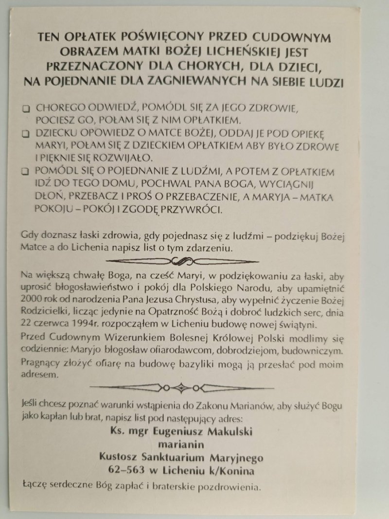 LICHEŃSKI OPŁATEK POJEDNANIA I ZDROWIA