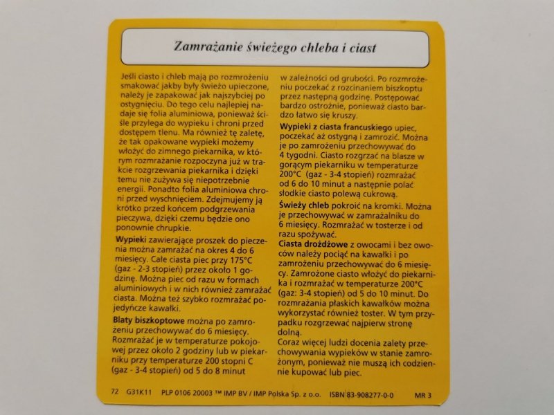 KARTA KULINARNA NR. 11 ZAMRAŻANIE ŚWIEŻEGO CHLEBA I CIAST