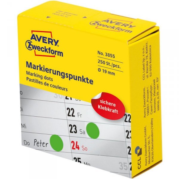 Kółka w dyspenserze trwałe 250szt. 19mm zielone 3855 AVERY ZWECKFORM