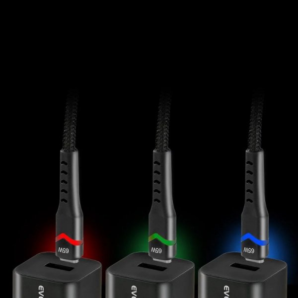 Kabel USB-C -&gt; USB-C 2m 3A 60W pleciony czarny wtyczka z led RGB EVERACTIVE (CBB-2PDR)