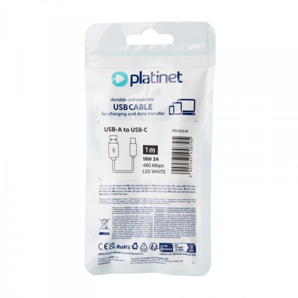 Kabel USB-A -&gt; USB-C 1m 3A 18W LED biały PLATINET (45879)