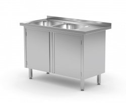 Stół z dwoma zlewami, szafka z drzwiami na zawiasach - komory po lewej stronie 1300 x 700 x 850 mm POLGAST 228137-L 228137-L