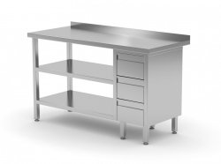 Stół przyścienny szafka z trzema szufladami i dwiema półkami - szuflady po prawej stronie 1100 x 600 x 850 mm POLGAST 125116-3-P/2 125116-3-P/2