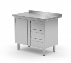 Stół przyścienny szafka z trzema szufladami i drzwiami na zawiasach - szuflady po prawej stronie 900 x 700 x 850 mm POLGAST 136097-3-P 136097-3-P