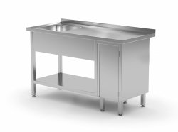 Stół ze zlewem, półką i szafką z drzwiami na zawiasach - komora po prawej stronie 1600 x 600 x 850 mm POLGAST 216166-P  216166-P