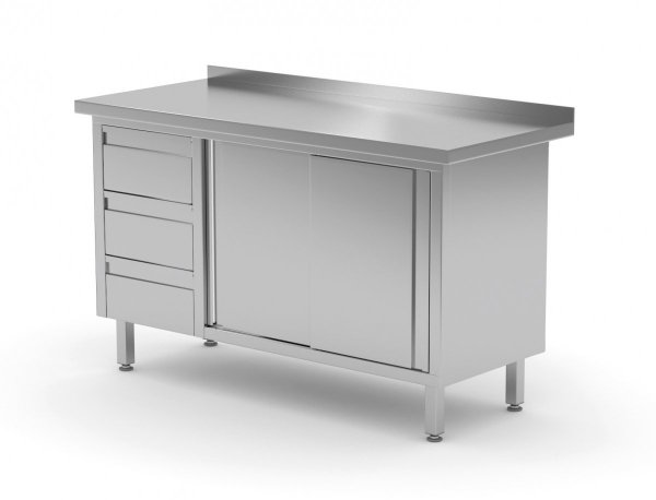 Stół przyścienny szafka z trzema szufladami i drzwiami suwanymi - szuflady po lewej stronie 1500 x 600 x 850 mm POLGAST 138156-L 138156-L