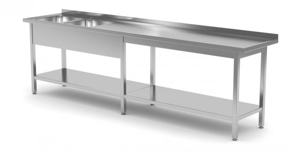 Stół z dwoma zlewami i półką wzmocniony - komory po lewej stronie 2100 x 600 x 850 mm POLGAST 222216-6-L 222216-6-L