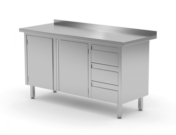 Stół przyścienny szafka z trzema szufladami i drzwiami na zawiasach - szuflady po prawej stronie 1100 x 700 x 850 mm POLGAST 137117-P 137117-P