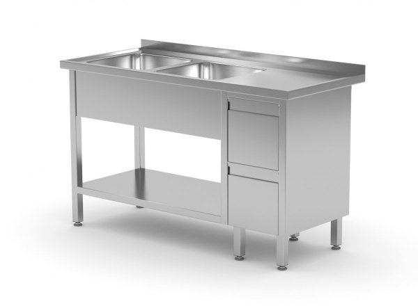 Stół z dwoma zlewami, półką i szafką z dwiema szufladami - komory po lewej stronie 1500 x 600 x 850 mm POLGAST 225156-L 225156-L