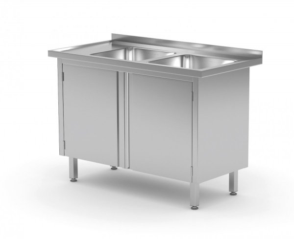 Stół z dwoma zlewami, szafka z drzwiami na zawiasach - komory po prawej stronie 1400 x 700 x 850 mm POLGAST 228147-P 228147-P