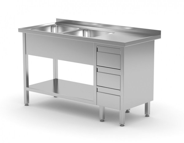Stół z dwoma zlewami, półką i szafką z trzema szufladami - komory po lewej stronie 1500 x 600 x 850 mm POLGAST 225156-3-L 225156-3-L