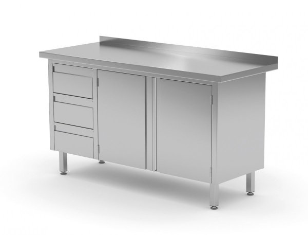 Stół przyścienny szafka z trzema szufladami i drzwiami na zawiasach - szuflady po lewej stronie 1300 x 600 x 850 mm POLGAST 137136-L 137136-L