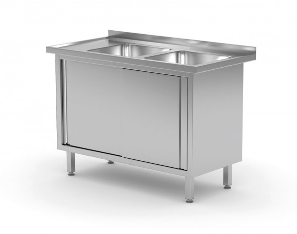 Stół z dwoma zlewami, szafka z drzwiami suwanymi - komory po prawej stronie 1400 x 700 x 850 mm POLGAST 227147-P 227147-P