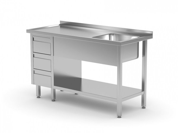 Stół ze zlewem, półką i szafką z trzema szufladami - komora po prawej stronie 1000 x 700 x 850 mm POLGAST 215107-3-P 215107-3-P