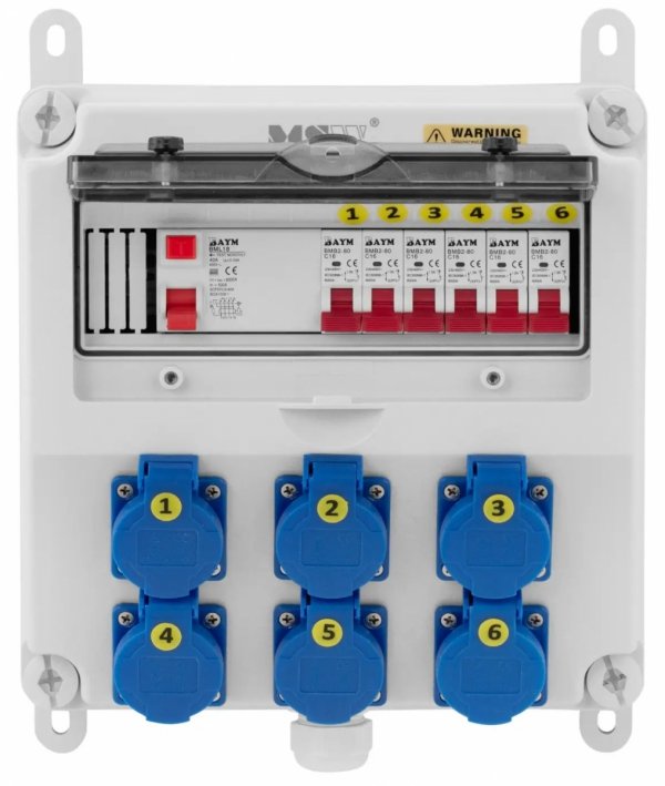  Rozdzielnica elektryczna - 6 gniazd Schuko - wyłącznik różnicowoprądowy - 6 wyłączników instalacyjnych  MSW 10062621 MSW-WPD-6V