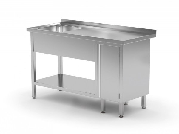Stół ze zlewem, półką i szafką z drzwiami na zawiasach - komora po lewej stronie 1300 x 700 x 850 mm POLGAST 216137-L 216137-L