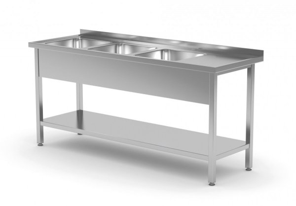Stół z trzema zlewami i półką - komory po lewej stronie 1600 x 700 x 850 mm POLGAST 224167-L 224167-L