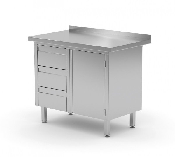Stół przyścienny szafka z trzema szufladami i drzwiami na zawiasach - szuflady po lewej stronie 900 x 600 x 850 mm POLGAST 136096-3-L 136096-3-L
