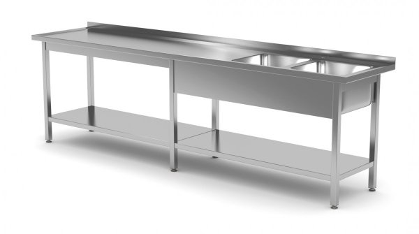 Stół z dwoma zlewami i półką wzmocniony - komory po prawej stronie 2500 x 700 x 850 mm POLGAST 222257-6-P 222257-6-P