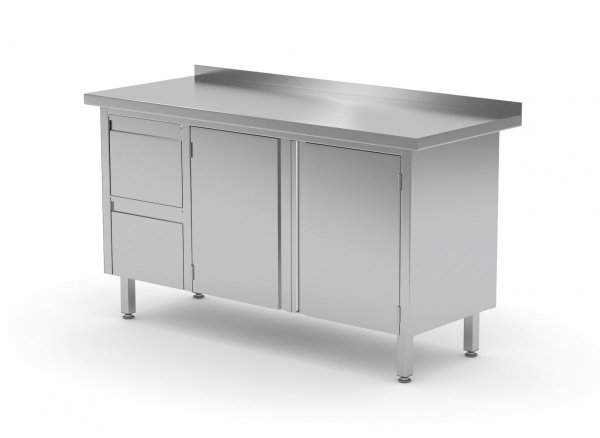 Stół przyścienny szafka z dwiema szufladami i drzwiami na zawiasach - szuflady po lewej stronie 1400 x 600 x 850 mm POLGAST 132146-L 132146-L