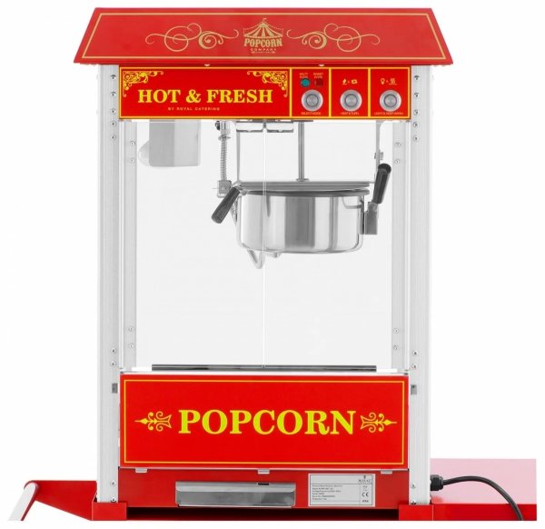 Retro maszyna do popcornu z wózkiem- czerwona - 1600 W - 5 kg/h Royal Catering 10012713 RCPW-16E.1-2F