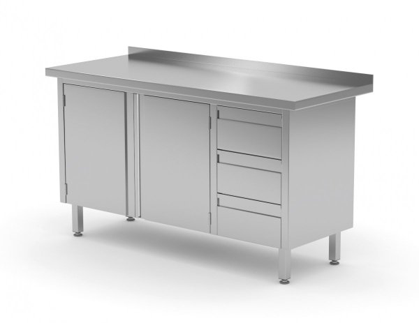 Stół przyścienny szafka z trzema szufladami i drzwiami na zawiasach - szuflady po prawej stronie 1200 x 600 x 850 mm POLGAST 137126-P 137126-P