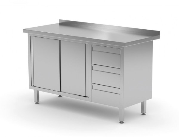 Stół przyścienny szafka z trzema szufladami i drzwiami suwanymi - szuflady po prawej stronie 1200 x 600 x 850 mm POLGAST 138126-P 138126-P