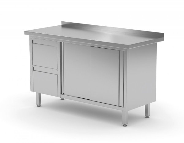 Stół przyścienny szafka z dwiema szufladami i drzwiami suwanymi - szuflady po lewej stronie 1200 x 600 x 850 mm POLGAST 130126-L 130126-L
