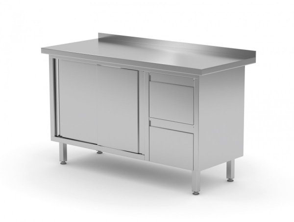 Stół przyścienny szafka z dwiema szufladami i drzwiami suwanymi - szuflady po prawej stronie 1400 x 600 x 850 mm POLGAST 130146-P 130146-P