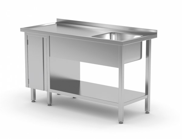 Stół ze zlewem, półką i szafką z drzwiami na zawiasach - komora po prawej stronie 1100 x 700 x 850 mm POLGAST 216117-P 216117-P
