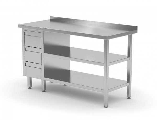 Stół przyścienny szafka z trzema szufladami i dwiema półkami - szuflady po lewej stronie 1000 x 700 x 850 mm POLGAST 125107-3-L/2 125107-3-L/2