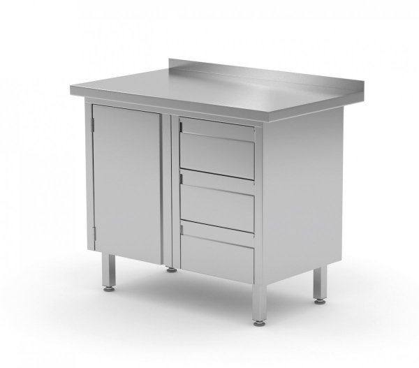 Stół przyścienny szafka z trzema szufladami i drzwiami na zawiasach - szuflady po prawej stronie 830 x 700 x 850 mm POLGAST 136087-3-P 136087-3-P