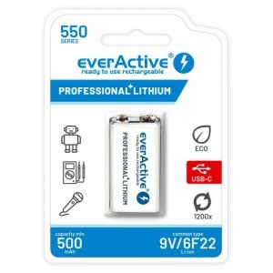 Akumulatorek everActive 6F22/9V Li-ion 550 mAh z USB TYP C
