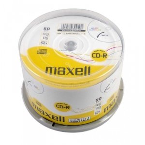 MAXELL CD-R 700MB, 50 szt. w opakowaniu cake (szpindel), szybkość zapisu 52X, 80 min. Płyty wysokiej jakości z możliwością nadruku i nagrywania muzyki. Przeznaczenie Multimedia.