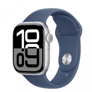 Apple Watch Series 10 GPS + Cellular, koperta 42 mm z aluminium w kolorze srebrnym z paskiem sportowym w kolorze denim - rozmiar
