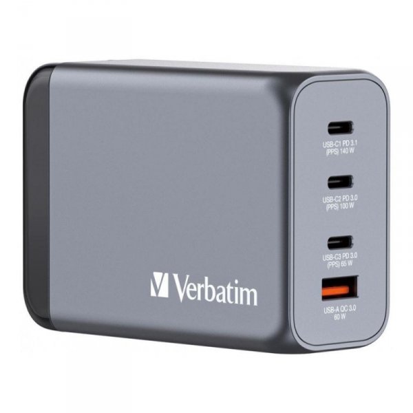 Ładowarka sieciowa Verbatim GaN GNC-240 3xUSB-C PD (140W+100W+65W) 1xUSB-A QC 3.0